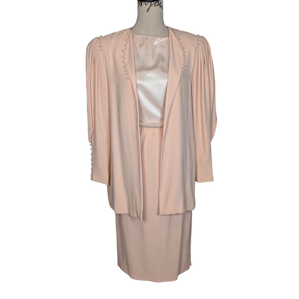 Vintage Silk Three Piece Skirt Suit with Pearl Trim Pink Size 8